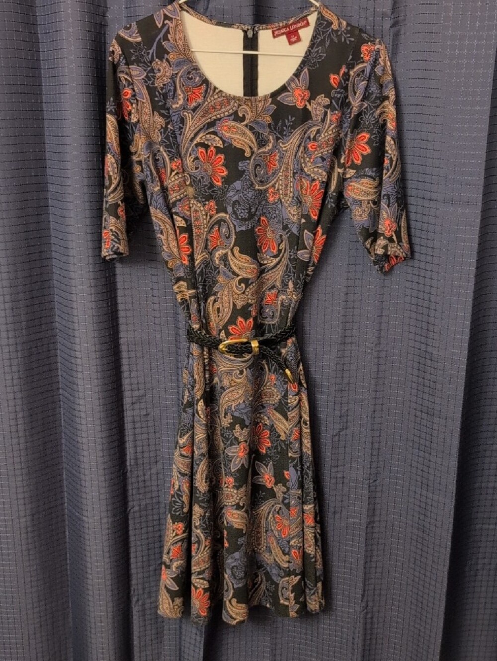 Like NewJessica London Black Paisley Midi Dress with Red and Blue Floral Accents
